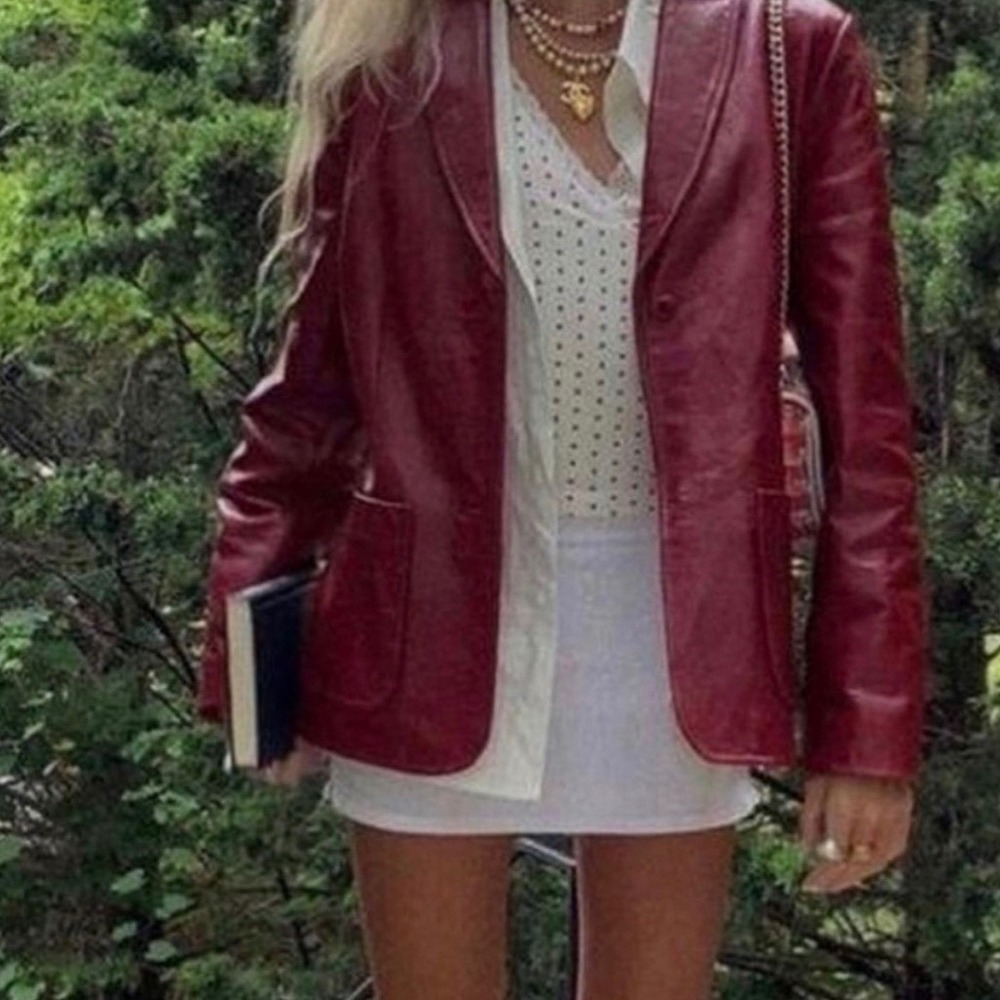 Vintage 2000 GAP Leather Jacket Womens Small Red Oxblood Blazer Y2K Genuine - Picture 2 of 10